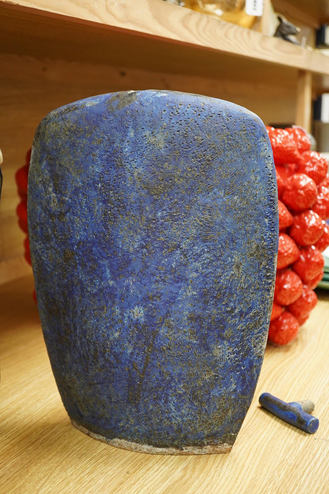 A large blue glazed pottery bottle and stopper, circa 1960's/80's, indistinct incised initials to the base, 37cm high